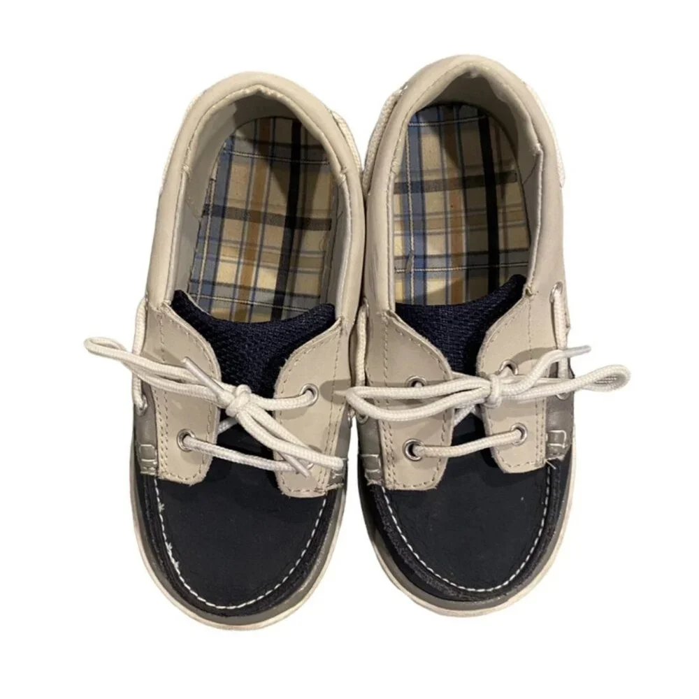 Baby Deer Sz 10 Navy & Grey/Tan Leather Boat Shoes